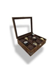 Resim RichBox 12'Li Saat Kutusu Süet Kahverengi Dekoratif Köşe Korumalı 