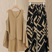 Resim Moda Kadınlar İçin İki Parçalı Set: Düz Renk Üst + Baskılı Geniş Paça Pantolon 