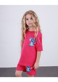 Resim Miniko Kids Kız Çocuk Stitch Modelli Pamul Şortlu Takım Fuşya 