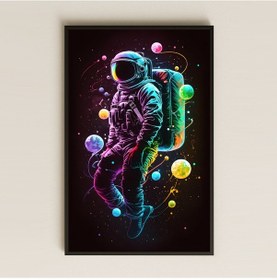 Resim Neon Renkli Gezegenler Arasında Astronot Pleksi Tablo - Kozmik Sanat Dekoru 