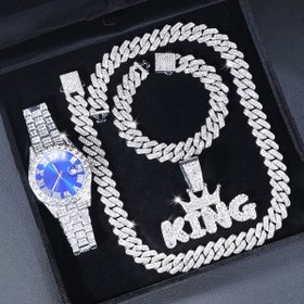 Resim CVNANA 4 adet Set Lüks Kuvars Saat Seti KING Kolye Erkek Takı Seti, Bling Moda Şanslı Kolye Bilezik Erkekler ve Kadınlar İçin, Serin Arkadaşlar İçin Mükemmel Hediye, Hediye Kutusu Dahil Değildir 