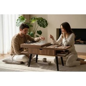 Resim Satranç, Tavla, Dama Oyun Masası 2 Çekmeceli Orta Sehpa 60X100 cm Ahşap Satranç Sehpası 