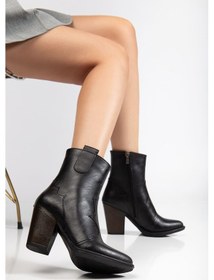 Resim 117 Siyah Kovboy Dikiş Detaylı Fermuarlı Yüksek Topuklu Günlük Kadın Bot Acı Kahverengi 