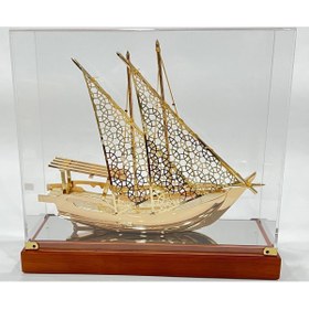 Resim Dünyadan Hediyeler Pirinç Yelkenli Gemi Altın Kaplama Katar Dhow Teknesi Kutulu 29cm No.1 