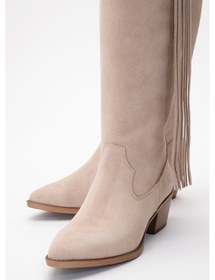 Resim Luvi Shoes Rios Bej Hakiki Deri Süet Püsküllü Kadın Kalın Topuklu Çizme Bej Süet 