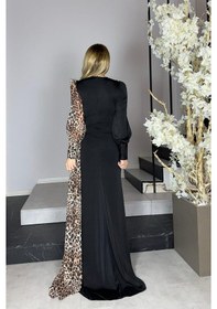Resim Ges Moda G1296 Leopar Detaylı Tasarım Abiye Elbise Siyah Siyah 