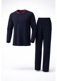 Resim Mutlu City Erkek İnterlok Rahat Kalıp Sıfır Yaka Yüksek Kalite Pamuk Pijama Takımı 16670 Lacivert - Bordo 