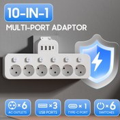 Resim 10'u 1 Arada Kablosuz Dönüştürücü Akım Korumalı Priz, 6 Standart Avrupa Çıkışı, 3 USB-A Portu, 1 USB-C Portu, Çoklu Port Adaptörü, Duvara Monte Tasarım, Oksijensiz Bakır Çekirdek 