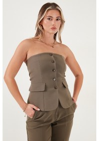 Resim Lela Regular Fit Straplez Yaka Düğmeli Bayan Yelek 6839611 Haki 