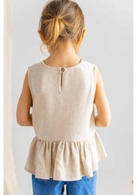 Resim Oliventhekid Bej Naturel Keten Kolsuz Uçları Fırfırlı Kız Çocuk Bluz Bej Bej 