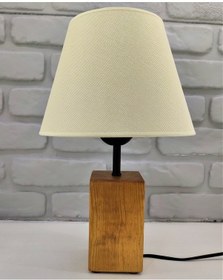 Resim Teak Rengi Ahşap Kütük Ayaklı Açık Krem Kumaş Şapkalı Abajur Kahverengi 