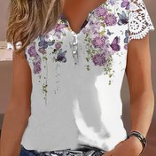 Resim Kadınların Çiçek Desenli V Yaka T-Shirt'i Dantel Detaylı - Yazlık Rahat Kısa Kollu Üst, Renkli Yabancı Çiçek Tasarımı, Düğme Detayı, Bahar ve Yaz İçin Mükemmel, Bayan T-Shirt'leri 