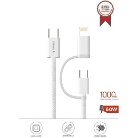 Resim Torima Şarj Kablosu Type-C to Type-C Lightning Hızlı 65W 2IN1 Data Kablo U16 Beyaz 