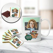 Resim Harika Öğretmen Karikatürlü Kupa ve Çikolata 