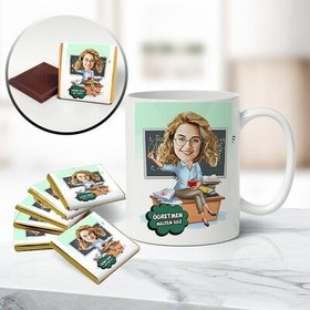 Resim Harika Öğretmen Karikatürlü Kupa ve Çikolata 