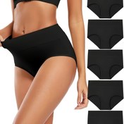 Resim 5'li Paket Kadın Yüksek Bel Külot - Yüksek Zıplayan Nefes Alabilir Esnek İç Çamaşırı, Yumuşak Rahat Minimalist Siyah Külotlar, Makinede Yıkanabilir Sonbahar Kış Temel Ürünleri, Günlük Konforlu Dikişsiz İç Giyim 