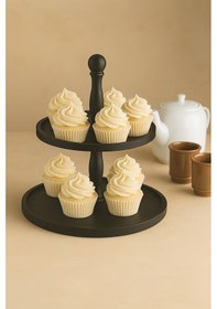 Resim Justwood Siyah 4lü 2 Katlı Kek Standı, 25 Cm Pastalık, 25 Cm Risus, 17x25 Risus Ahşap Çeyiz Seti Siyah 