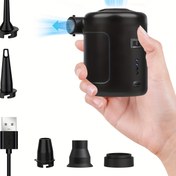 Resim Taşınabilir USB Şarj Edilebilir Hava Pompası | 6000mAh Lityum Pil | Kamp ve Dış Mekan Kullanımı için Hafif, Kompakt Tasarım | Şişirme Matlar, Kanepe, Yüzerler ve Havuz Oyuncakları ile Çoklu Nozül Uyumluluğu | USB Şarj Kablosu Dahil | Seyahat ve Ev İçin İdeal 