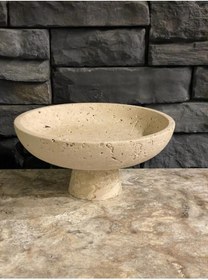 Resim Polen Stone Bej Traverten Doğal Taş Ayaklı Kase Havluluk Ve Çok Amaçlı Kullanım 