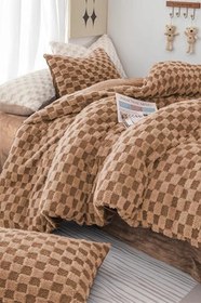 Resim Çift (Taraflı) Kişilik Kürk Yorgan Uyku Seti Yumuşak Wellsoft Peluş 3 Parça Polo Kahve 