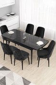 Resim Canisa Concept Taç Serisi Açılabilir Mutfak Masası Takımı 80x132 Siyah Mermer Desen Masa 6 Siyah Sandalye 