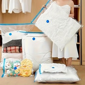 Resim 9 adet vakumlu depolama çantası, rastgele bir el vakumu pompası ile birlikte gelir, vakumlu sıkıştırma çantaları, taban dik durabilir, kapalı çantalar yer tasarrufu sağlar - Yeniden kullanılabilir, kıyafetler ve yatak takımları için uygun, seyahat valizleri, battaniyeler, yorganlar, yurtlar, gardırop ve taşınma için hava geçirmez sıkıştırma, güç kaynağı gerektirmez, çok amaçlı, düz tasarım 