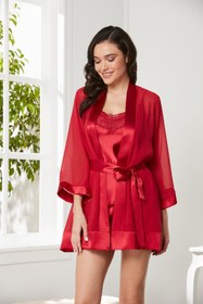 Resim Pierre Cardin Saten 3'lü Kadın Sabahlık Takım - 2475 Kırmızı 