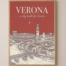 Resim Verona Line Art Print - Rust Arena Ponte Pietra Skyline Wall Art - Wooden Frame - Natural / 20 x 28" (50x70 cm) 