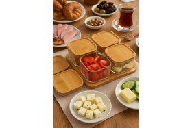 Resim Bambu Kapaklı Cam 4'lü Kahvaltılık Seti, Şık Sunum ve Saklama Kolaylığı Sağlar 