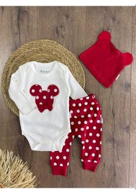 Resim Puantiyeli Fiyonklu Bereli Alttan Çıtçıtlı Kız Bebek Takım Kırmızı 