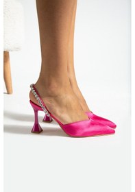 Resim Simon Saten Taş Detaylı Topuklu Fuşya Ayakkabı Fuşya 