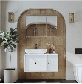 Resim Oval Lavabolu Mat Mdf 90 Cm Alt Banyo Dolabı + Aynalı Dlp Beyaz Mat Beyaz 