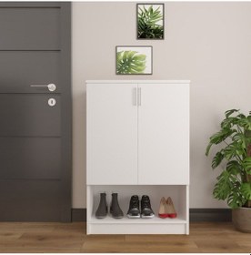 Resim Asra Trend Ayakkabılık A-01 %100 MDF Kapaklı ve Açık Raflı Portmanto Beyaz 