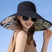 Resim Xin Bao Guan Kadın Geniş Kenar Güneş Şapkası - Çift Taraflı Baskı ile Canlı Yaprak ve Çiçek Tasarımı, Yaz için Siyah Polyester Kova Şapka, Rahat ve Şık Dış Giyim, Kadınlar için Güneş Şapkası, Şık Başlık, Ayarlanabilir Başlık 