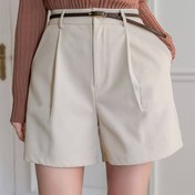 Resim Kadın Yüksek Belli Düz Paça Şort, Eğimli Cepli ve Pilili, Düz Renk, Dokuma Polyester, Tüm Mevsim 