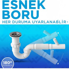 Resim DESIPHON S Tipi Körüklü Lavabo Sifonu, Beyaz, Plastik, Çamaşır Makinesi Bağlantılı, 180° Dönebilir, Çift Contalı, Su Geçirmez, 4x3.5 cm 