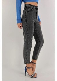 Resim Trendy Kadın Füme Yüksek Bel Yumuşak Dokunuşlu Rahat Kesim Mom Jean Kot Pantolon 