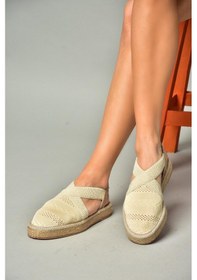 Resim S404010106 Bej Dantel Kumaş Kadın Espadril Sandalet Bej 