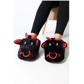 Resim Hayvanlı B20 Boğa Modelli Kışlık Kadın Erkek Panduf Ev Içi Sessiz Taban Panduf Siyah 