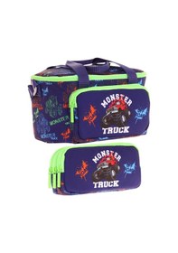 Resim Kaukko L7279+l8279 Beslenme Çantası Isı Yalıtımlı Ve Kalem Çantası Üç Bölme Seti - Erkek Çocuk - Yeşil Lacivert Monster Truck Yeşil - Lacivert 