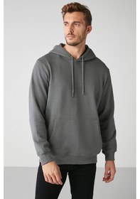 Resim Grimelange Jorge Erkek Yumuşacık Kapüşonlu Organik Pamuk Kanguru Cepli Regular Koyu Gri Sweatshirt 
