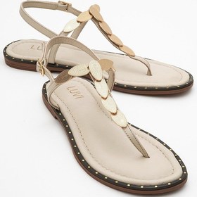 Resim Marea Bej Hakiki Deri Parmak Arası Gold Tokalı Kadın Sandalet Bej 