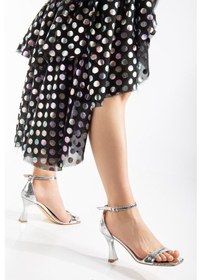 Resim Büyük Numara Tek Bant Yılan Baskılı Rugan Gümüş Kadın Topuklu Sandalet-2978-gümüş Gümüş 