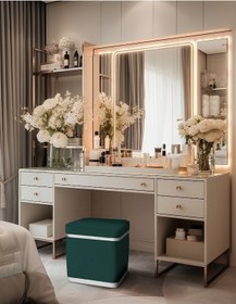 Resim Zengo Silver Twin Line Kare Puf -yeşil Kumaş, Dekoratif Makyaj Masası Pufu-modern Style 