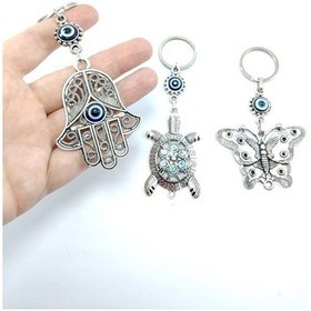 Resim Nazar Boncuğu Anahtarlık Seti Metal Kelebek Kaplumbağa Hamse Eli 