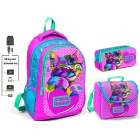 Resim Coral High Kız Çocuk Pembe Sevimli Kedi 3'lü Çanta Takımı - Usb S 