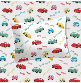Resim %100 Pamuklu Bebek Lastikli Çarşaf 70x130+20 Bebek Yastık Kılıfı 35x45 Araba Desenli 