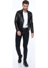Resim Deriwork Hakiki Kuzu Derisi Bel Detaylı Fermuarlı Erkek Deri Ceket Siyah Siyah 