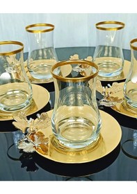 Resim Assa Bazaar Özel Seri Yaldızlı 6 Lı Çay Seti Çeyizlik Hediyelik Lüks Cam Çay Takımı Altın 