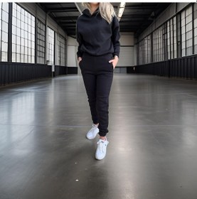 Resim Oversize İki İplik Şardonlu Beli Lastikli Kadın Eşofman Takımı-siyah Siyah 